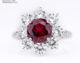 Scarlet Sunflower Lab Ruby Ring – Round Lab Grown Ruby Center with Diamond Daisy Halo 925 Sterling Silver – 2.69CT Diamond Engagement Ring