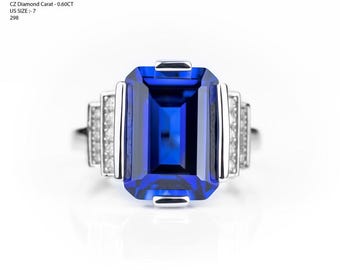 10Ct Royal Blue Lab-Grown Sapphire Art Deco Ring, S925 Sterling Silver Emerald Cut Statement Ring, Stepped CZ Diamond Shoulders