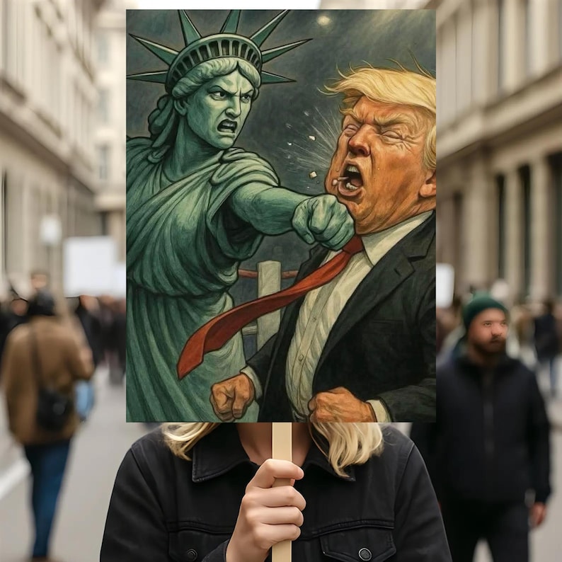 Puede incluir: Una persona sostiene un cartel que representa a la Estatua de la Libertad golpeando a un hombre con traje. La obra de arte presenta a la Estatua de la Libertad en verde y al hombre con cabello rubio. El fondo muestra una multitud de personas.
