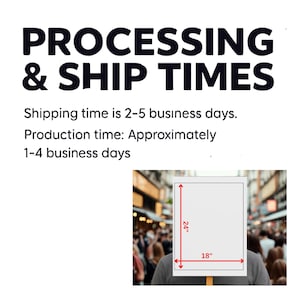 May include: A white rectangular sign held by a person, with dimensions of 18 inches by 24 inches. The sign is held in front of a crowd of people. The text "PROCESSING & SHIP TIMES" is at the top.