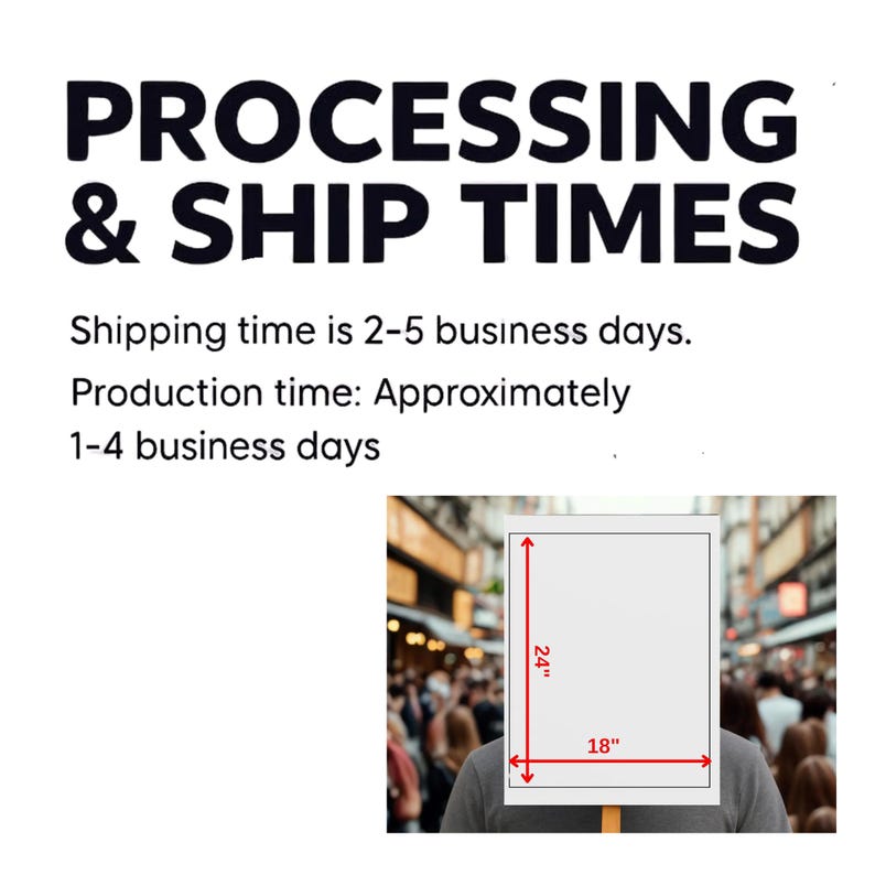 May include: A white rectangular sign held by a person, with dimensions of 18 inches by 24 inches. The sign is held in front of a crowd of people. The text "PROCESSING & SHIP TIMES" is at the top.
