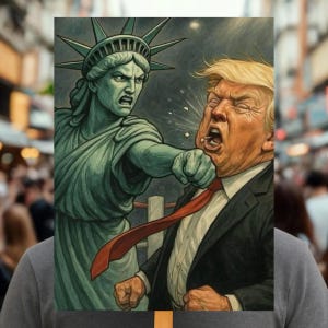 Puede incluir: Una ilustraci&oacute;n muestra la Estatua de la Libertad golpeando a un hombre con traje. La Estatua de la Libertad es verde, y el hombre tiene cabello rubio y una corbata roja. El fondo es un cielo oscuro y tormentoso.