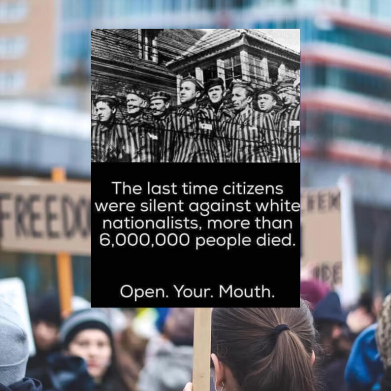 May include: Black and white photograph of a group of people in striped uniforms. Text on the image reads: "The last time citizens were silent against white nationalists, more than 6,000,000 people died. Open. Your. Mouth."