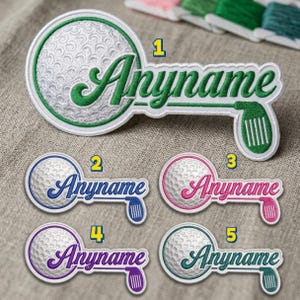 May include: Embroidered golf ball patches with the word "Anyname" in various colors: green, blue, pink, purple, and teal. Each patch features a golf ball design and a golf club.