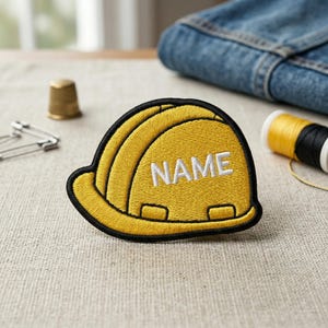 Custom Hard Hat Name Patch, Personalized Construction Helmet Embroidered Applique, Builder Iron On Sew On Badge, Kids Workwear Name Tag