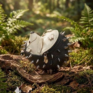 May include: A handcrafted, black and cream-colored leather hedgehog-shaped coin purse with silver-toned spikes. The purse is lying on a piece of wood in a forest setting, surrounded by green moss and ferns. The zipper has a gold-toned pull.