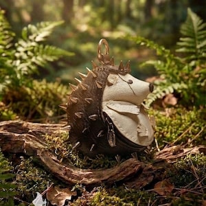 May include: A handcrafted leather hedgehog-shaped coin purse with a crown and metal spikes. The purse is black and cream-colored, with a zipper closure and a gold-tone ring for attaching to a keychain. The purse is set on a bed of moss and wood.