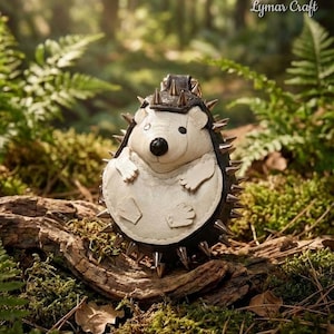 May include: A handcrafted, cream-colored hedgehog-shaped bag with a black spiked collar and a matching hat. The bag features a black nose and small, detailed paws. The background is a forest scene with green ferns and moss.