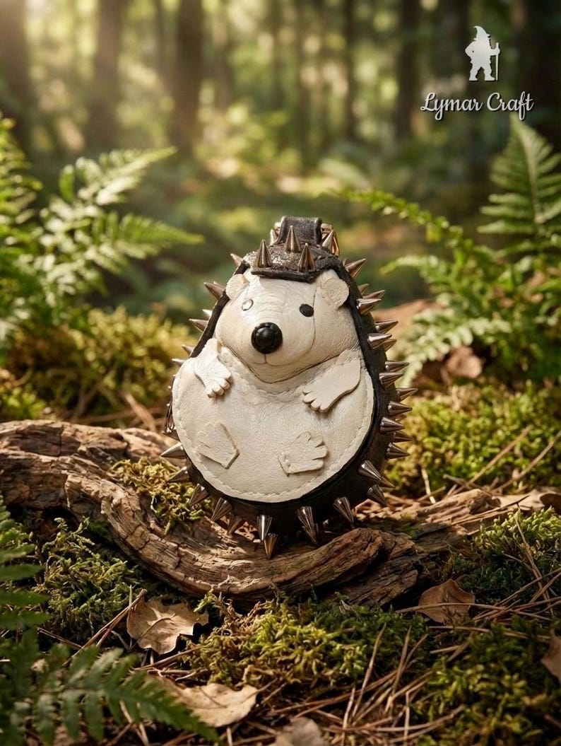 May include: A handcrafted, cream-colored hedgehog-shaped bag with a black spiked collar and a matching hat. The bag features a black nose and small, detailed paws. The background is a forest scene with green ferns and moss.