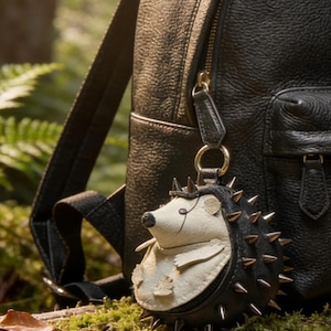 May include: A black leather backpack with a hedgehog-shaped keychain. The keychain is black and cream-colored with metal spikes. The hedgehog has a small leaf detail on its belly. The background is a natural setting with green foliage.
