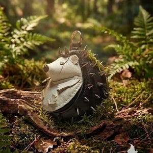 May include: A whimsical, handcrafted hedgehog-shaped coin purse. The purse features a white face, a black body with silver spikes, and a small crown. It is set against a natural forest backdrop with moss and ferns.