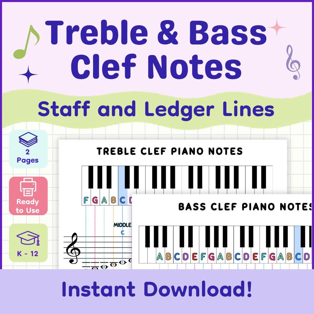 Treble & Bass Clef Notes on Staff and Ledger Lines – Easy Printable ...