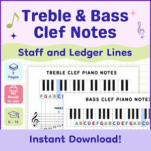 May include: Educational chart titled Treble & Bass Clef Notes Staff and Ledger Lines. It displays two piano keyboard diagrams with labeled notes, musical staves, and icons for 2 pages, ready to use, and K-12. The text Instant Download is at the bottom.