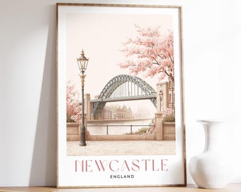 Newcastle Travel Art Print, Tyne Bridge Pastel Watercolour Wall Art, Geordie Art Lovers Gift, Newcastle City Pink Beige Home Decor