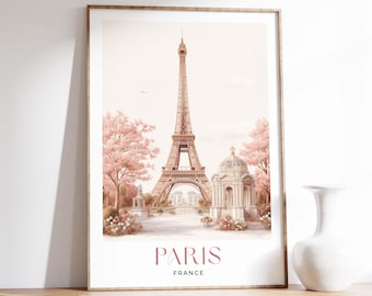 Parijs Eiffeltoren Travel Art Print, roze Parijse stadsgezicht aquarel poster, vintage Frankrijk Europese pastel muur kunst Home Decor