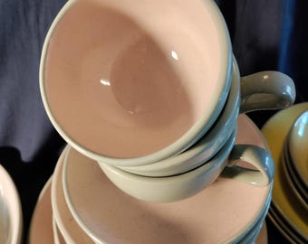Harkerware Stone ware China Yellow Pink blue Gray all Pieces Dinner Salad Rim Bowls Fruit bowls teacups and Saucers hard to find