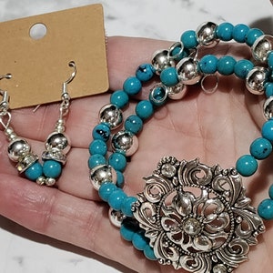 Turquoise and silver rhinestone  double coil bracelet with matching earrings