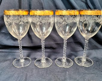 Set of 4 vintage water goblet from the Cristal d'Arques-Durand Angelique pattern etched gold gilded twisted stem 1970s