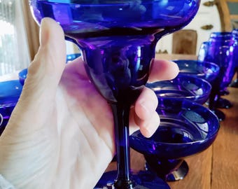 Set of 6 Stunning Cobalt Blue Margarita Glasses  Vintage Large Tiered Ripple Deep Blue Cocktail Stemware