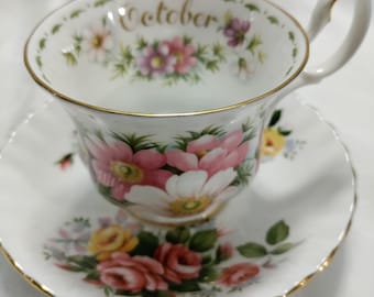 Royal Albert Flower of the Month October teacup and saucer set featuring the Cosmos flower