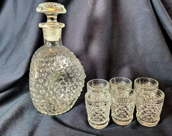 Antique hobnail glass decanter set over 12"  with 6 glasses Anchor Hocking Glass company 1934/1936