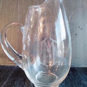 Libbey Mario Glass Pitcher, 36-ounce. Etched M barware  Mint condition