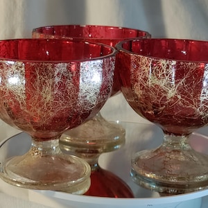 Set of 3 ruby red glass compote bowls, referred to as dessert cups, footed bowls, or pedestal bowls red with gold fleck Blenko
