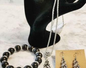 3 piece all black, silver, jewelry set  necklace, earrings, bracelet rginestones , all new gift