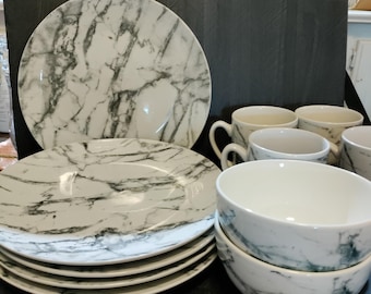 Royal Norfolk Dinner Ware Set for 4 Gray Marble Printed Stoneware Plate Deep Bowl Deep Mug 12 PC 3 Place Settings Etsy