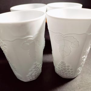 Set of 4 Indiana Tumblers Vintage Milk Glass Colony Grape Panels Grape Harvest Pattern