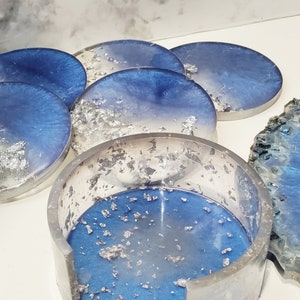 Resin coasters with holder cobalt blue with gold leaf NEW 5 coasters and holder