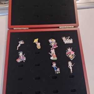 Vintage Betty Boop Collectible Pin Set – Rare 90s Enamel Pins (Set of 9) with Display Case (all of one price!)