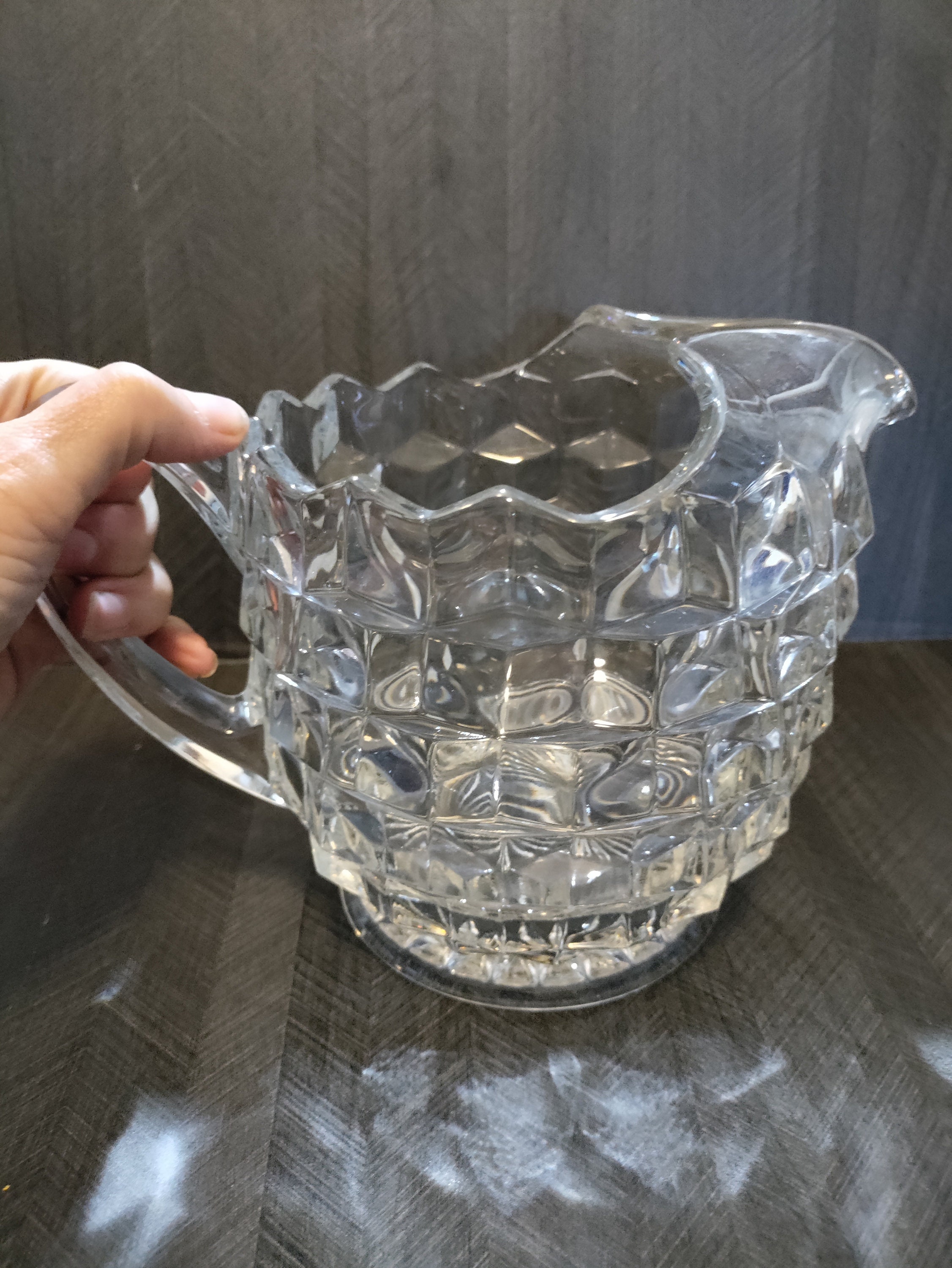 Vintage Fostoria Glass Pitcher With Ice Lip. American Cubist Design 6.5 ...