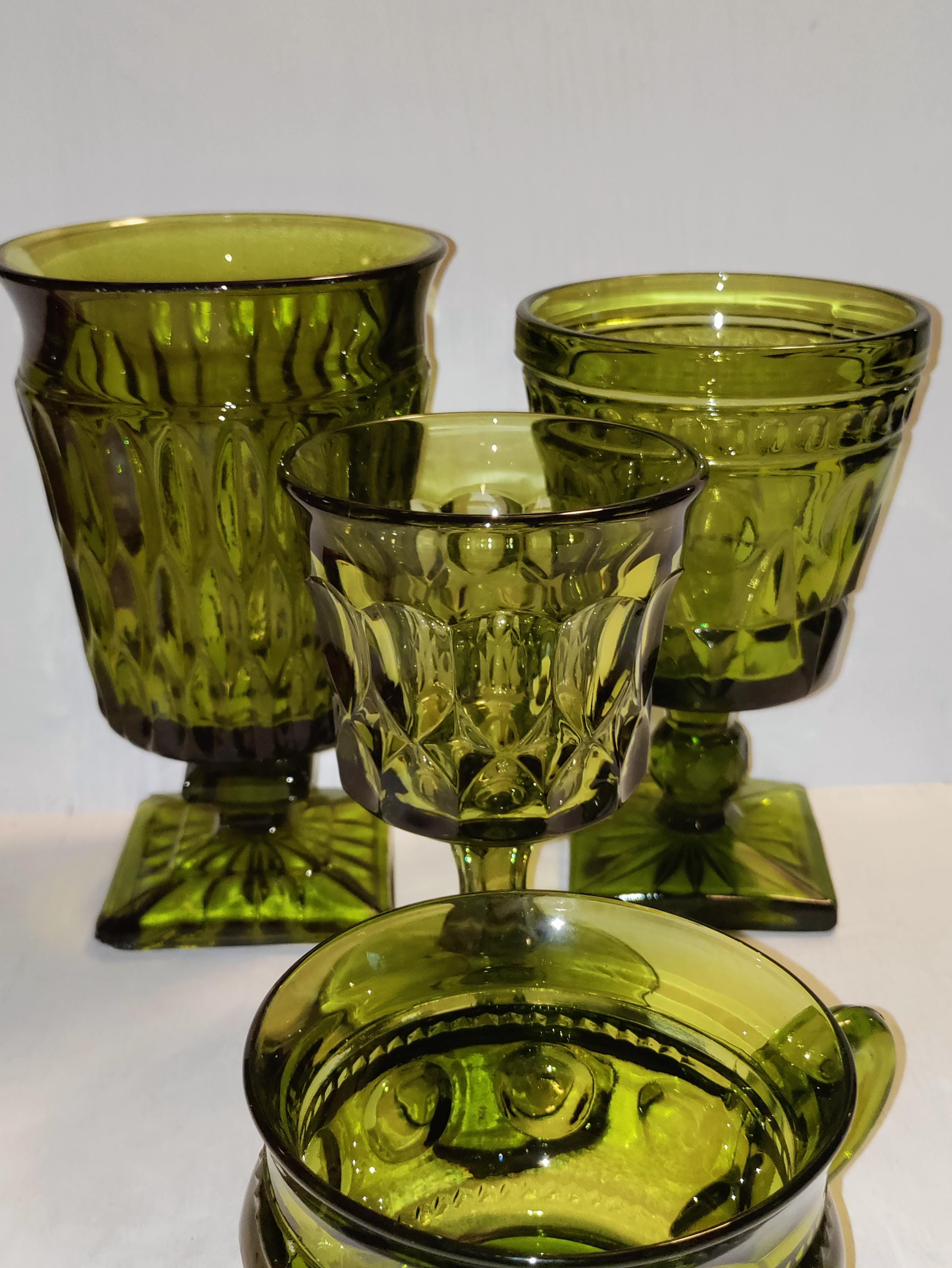 4 PC Indiana Glass heavy green glass goblets assorted excellent condition