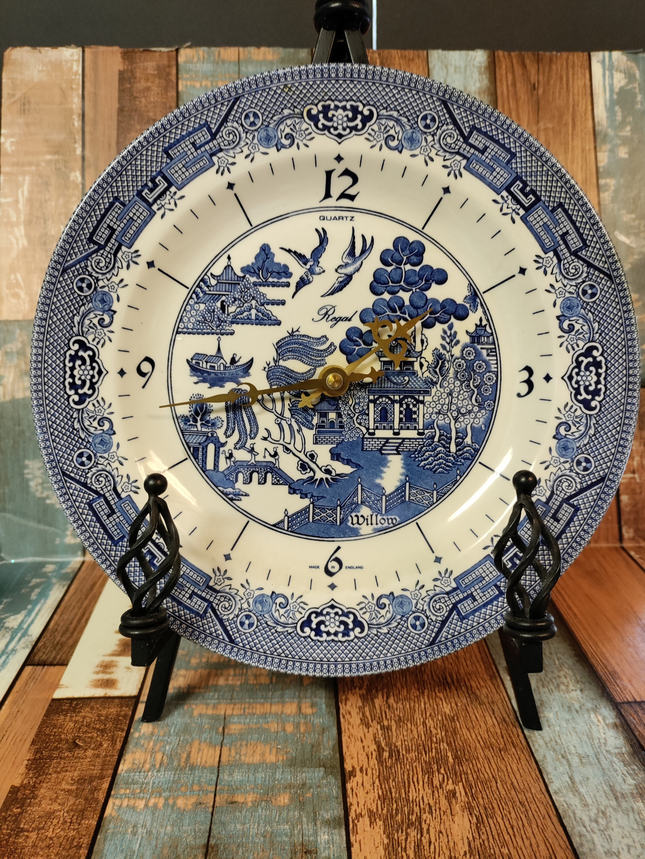 Crystal de Noble クリスタルドゥノーブル 置時計 Churchill England Blue Willow Plate Clock Quartz Royal 10.5