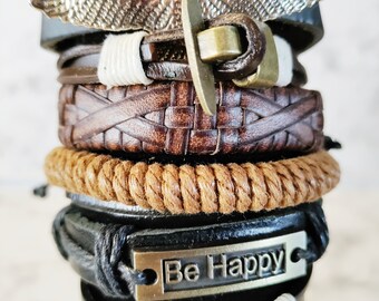 6 stack mens bracelets leather, silver, eagle, assorted  all new adjustable over 20 different sets