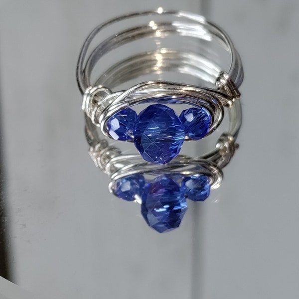 Silver with triple cobalt centers ring SZ 9.25  Handcrafted Artistic tarnish resistant Jewelry wire, one of a kind ring