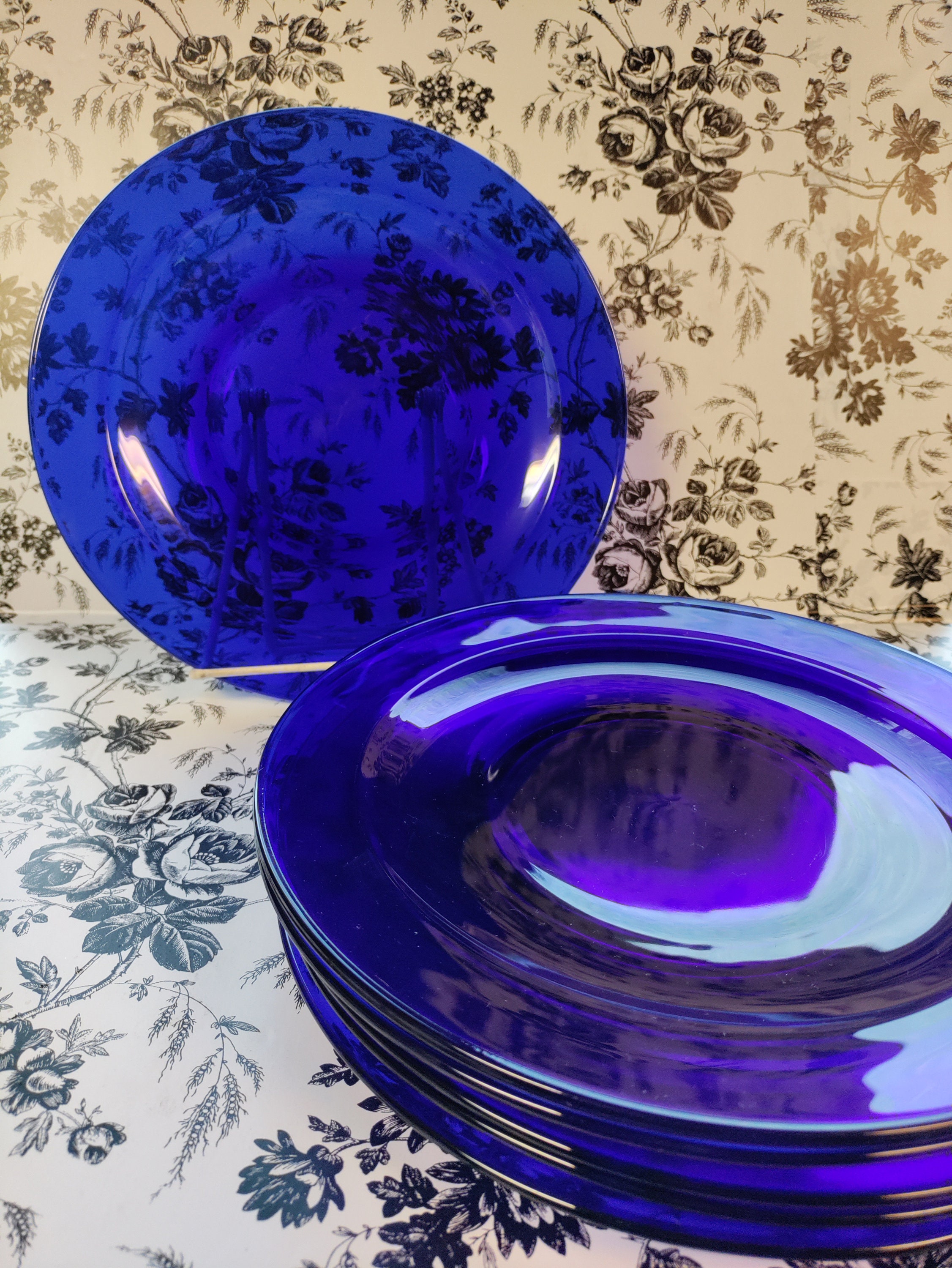 Vintage Cobalt Blue Dinner Plates, Salad Plates, Tumbler - Etsy