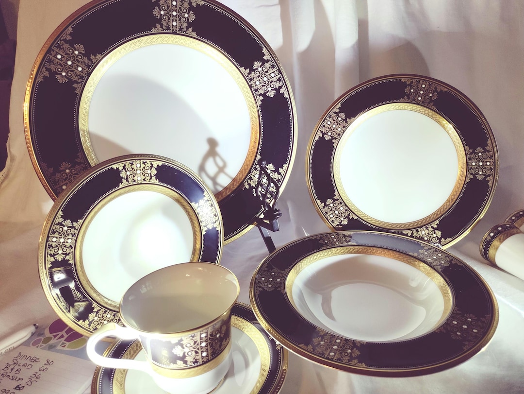 6PC Place Setting Noritake Evening Majesty Black and Gold on White