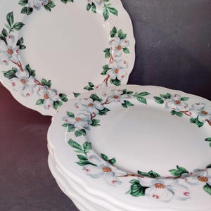 May include: Set of four white ceramic dinner plates with a floral design. The plates have a scalloped edge and feature a border of white dogwood blossoms with green leaves.