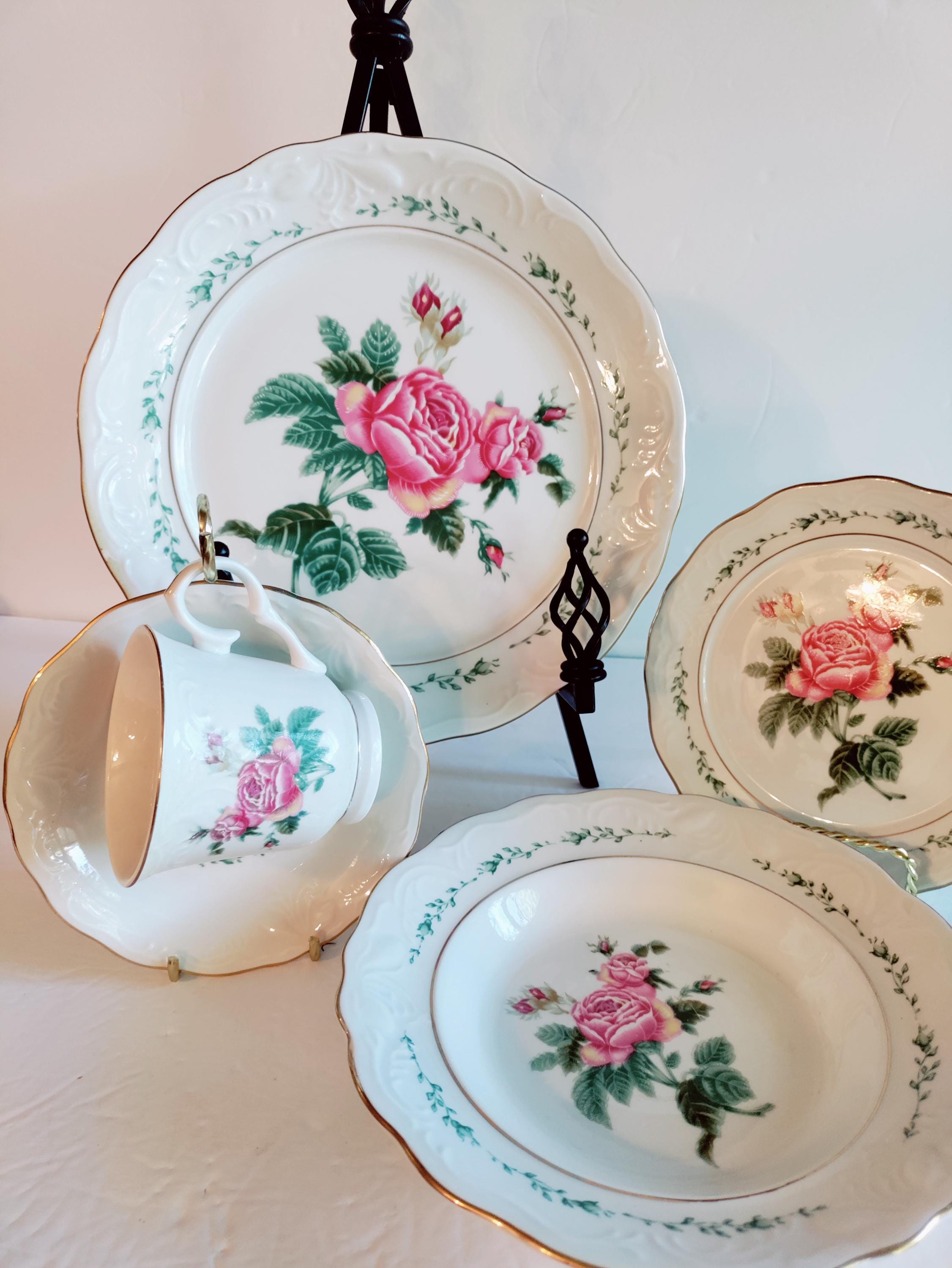5 PC Gibson Victorian Rose Place Settings Dinner Plate, Salad