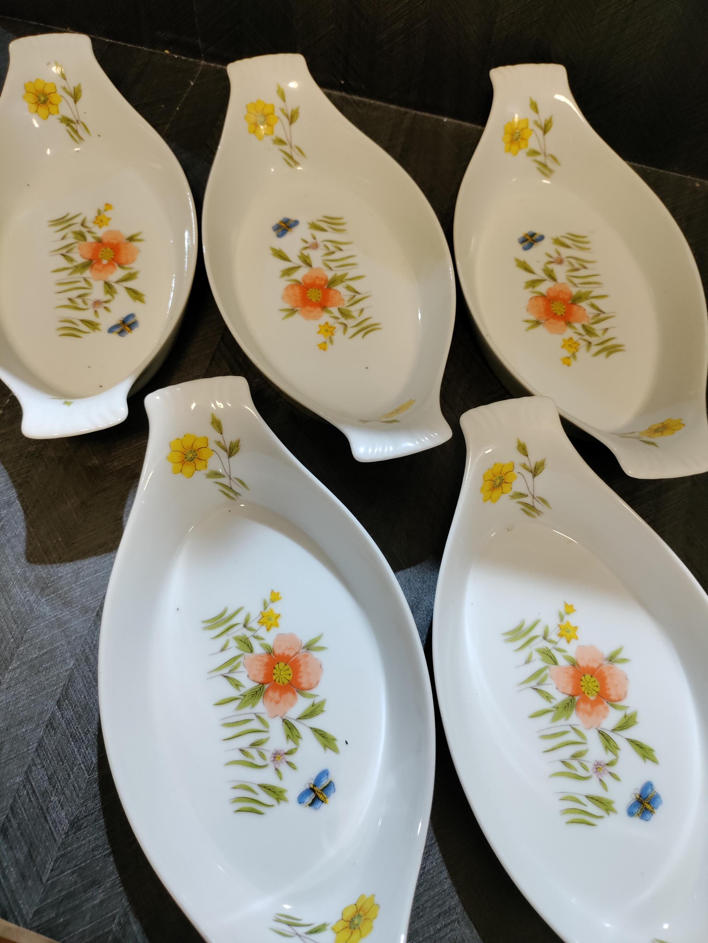 Personal size Country Flowers 8.5 inch Au Gratin Dishes Andrea by Sadek Lot of 5 White