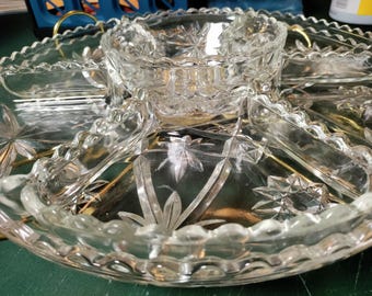 9 PC Anchor Hocking Early American prescut lazy susan relish set, EAPC star pattern pressed glass