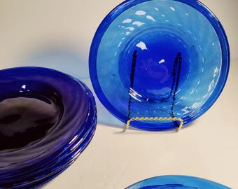 Set of 4 Dinner Luncheon plates Vintage Hand blown optic folded edge cobalt one of a kind