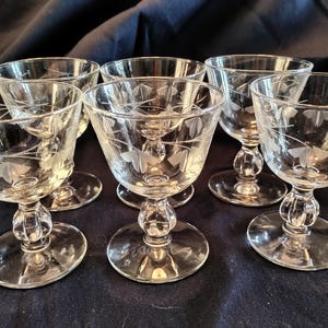 SET OF 6 Crystal floral etched and cut excellent flawless condition low champagne sherbert or liquor