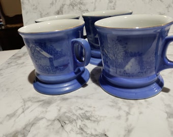 Vintage Currier & Ives Blue Mugs, Royal China, Made in Japan, Old Homestead In Winter Series All 4 for 1 price