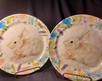 May include: Two white ceramic plates with a floral border featuring blue, pink, and yellow flowers. Each plate has a watercolor illustration of a light brown bunny rabbit in the center. The plates are displayed on metal plate stands.