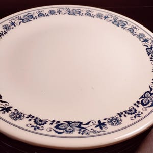 May include: A stack of white dinner plates with a blue floral pattern around the rim.