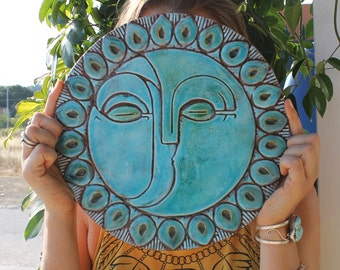 sun and moon ceramic wall art, ceramic tile with sun and moon design, outdoor wall art, bathroom wall decor, decorative tile #2 XL 30cm