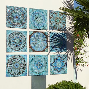 9 Ceramic Garden Art, Outdoor Wall Art, Garden Decor, Ceramic Wall Art For Garden, Ceramic Tiles, Garden Art, Mix 30cm Turquoise